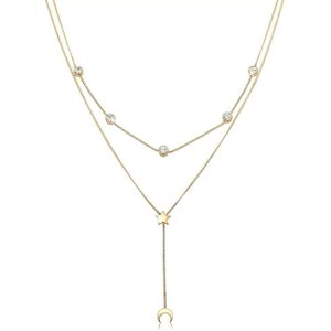 Elli Ketting Halvemaan Layer Boho Kristallen 925 Zilver Verguld