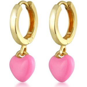Elli Dames Oorbellen kinderen hart oorbellen roze met email in 925 sterling zilver verguld