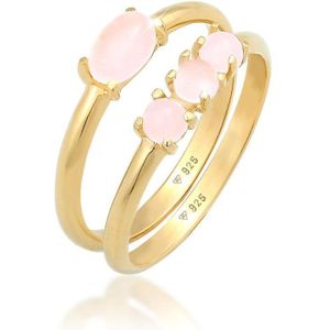 Elli Dames Ring Dames Stacking Ring Set Vintage Trend met roze kwarts in 925 Sterling Zilver Verguld