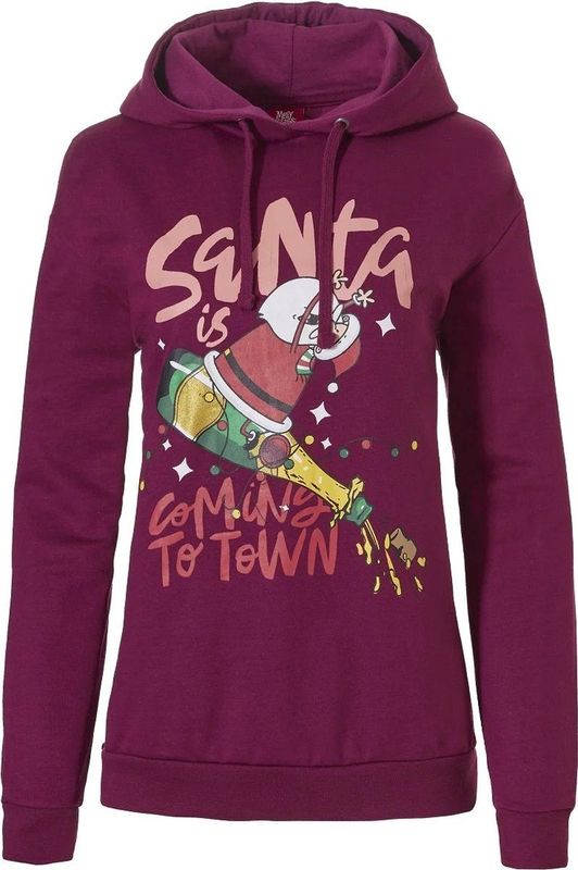 Dames - Kersttrui - Paars - 50% Katoen, 50% Polyester - Met Capuchon, Santa Is Coming To Town Print