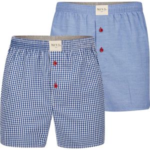 Phil & Co - 2-Pack Wijde Boxershorts - Effen Blauw / Geblokt - 100% Katoen