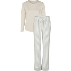 By Louise - Pyjama Set - Beige T-Shirt met Lange Mouwen - Mintgroene Pyjamabroek - 100% Katoen