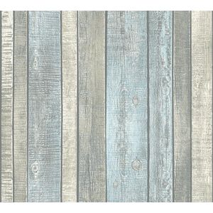 A.S. Création behang houtlook blauw, grijs en crème - AS-319932 - 53 cm x 10,05 m