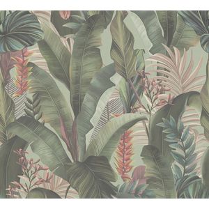 Vliesbehang jungle groen roze - behang woonkamer slaapkamer 394353 - behang jungle bladeren - 10,05 m x 0,53 m voor 5,33m² - Made in Germany