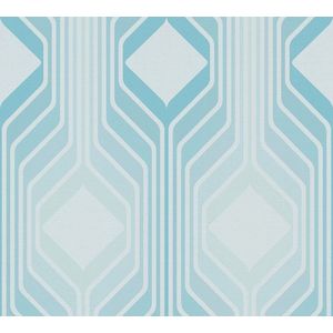 Retro behang jaren 70 - behang vintage grafisch blauw lichtblauw turquoise wit - A.S. Création vliesbehang Retro Chic 395321-8,50 m x 0,53 m - Made in Germany