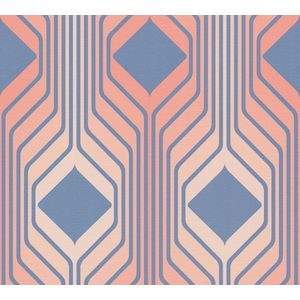 Retro behang jaren 70 - behang vintage grafisch blauw rood roze - A.S. Création vliesbehang Retro Chic 395322-8,50 m x 0,53 m - Made in Germany