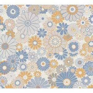 Retro behang jaren 70 - behang vintage bloemen blauw oranje grijs crème beige - A.S. Création vliesbehang Retro Chic 395352-8,50 m x 0,53 m - Made in Germany