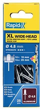 Rapid Blindklinknagels XL Kop Ø 4,8mm, 19-22mm Klembereik, 25 St. ALU Klinknagels, Set Incl Boor, voor Blindklinknageltang