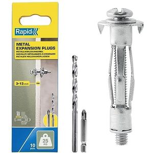 Rapid Hollewandplug voor enkele Gipsplaten (3-13mm), Draaggewicht 25 kg, 10 stuks Metalen Hollewandpluggen met Schroef, Set met Boor en PH2-Schroefbit