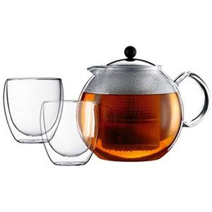 Bodum - K1833-16 - Assam Tea Set - Theepot met glazen zuiger - Kunststof filter - Roestvrijstalen deksel - 1.5 L + 2 Dubbelwandige Glazen - Pavina - 25 cl