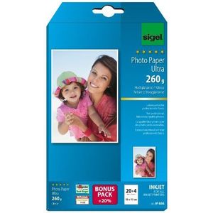 SIGEL IP606 Inkjet Fotopapier Ultra, 10 x 15 cm, 260 g, 20 + 4 vellen gratis, hoogglanzend, extreem lichtbestendig