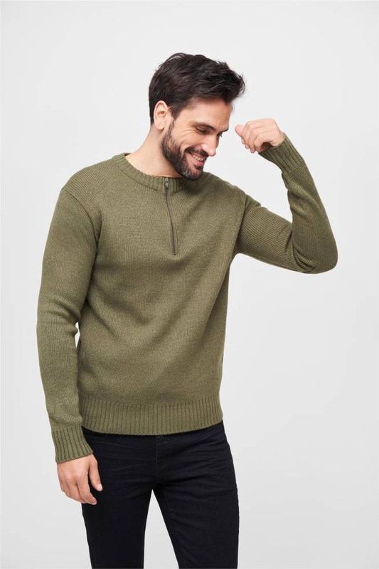 Brandit - Armee Pullover - Sweater - Olive - Ronde Hals, 3/4 Ritssluiting
