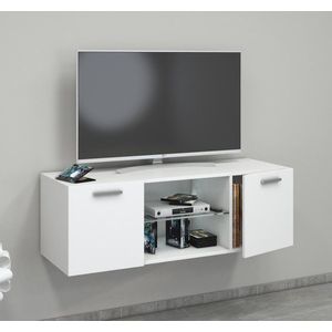 Jusa 115 TV-meubels wandmodel met 2 deuren en 1 glazen legger, Wit.