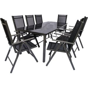 Dora tuinmeubelset 80x190cm tafel, 8 stoel zwart,antraciet.