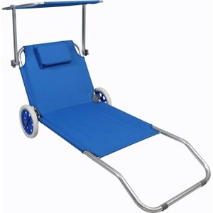 Klara ligstoel inklapbaar met handvat, wielen en dak blauw.