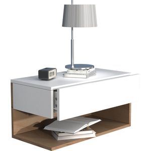 VCM Houten Wandlades Nachtkastje Lade Console Nachtkastje Usal XL 60 cm (Wit / Honing Eik) - 4051814419232