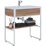 VCM 2-tlg. Waschplatz Waschtisch Badmöbel Set Waschbecken Holz Metall Industrial Style Bitila 80
