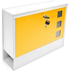 Relaxdays brievenbus met krantenrol - metaal - met slot - 30 x 36 x 10 cm - muur - wit-geel