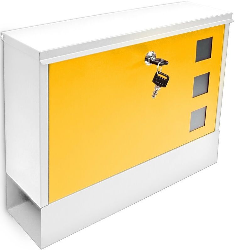 Relaxdays brievenbus met krantenrol - metaal - met slot - 30 x 36 x 10 cm - muur - wit-geel