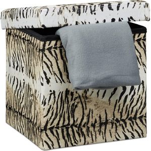 Relaxdays poef met opbergruimte, opvouwbare hocker, kunstleer, tijger print, 38 cm hoog, deksel, als voetenbankje, beige