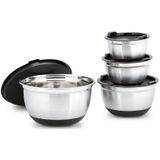 BOWLY - Schalenset - Zilver-Zwart - 4-delig - RVS - Deksel - 14,5 x 25,5 x 25,5 cm