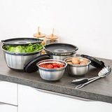 BOWLY - Schalenset - Zilver-Zwart - 4-delig - RVS - Deksel - 14,5 x 25,5 x 25,5 cm