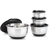 BOWLY - Schalenset - Zilver-Zwart - 4-delig - RVS - Deksel - 14,5 x 25,5 x 25,5 cm