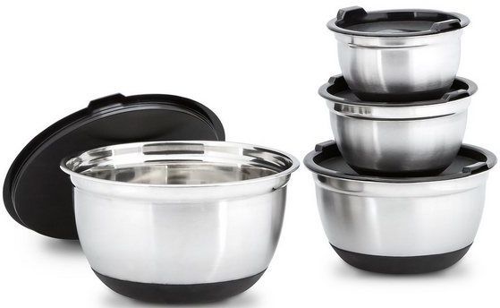 BOWLY - Schalenset - Zilver-Zwart - 4-delig - RVS - Deksel - 14,5 x 25,5 x 25,5 cm