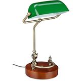 Relaxdays - Bankerlampe, neigbarer Glasschirm, Holzfuß, E27-Fassung, Schreibtischlampe Retro, Bibliothekslampe, grün-braun