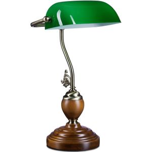 Bankierslamp - Groen - Retro - Houten Voet - E27 - 26,5 x 43 x 18 cm