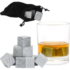 Relaxdays whiskey steen, set van 9, herbruikbare ijsblokjes voor drankjes, speksteen, koelstenen, grijs