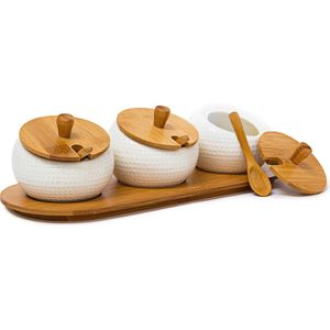 Relaxdays 3 JIAO keramische kruidenpotjes huisvrouw bamboedeksel en -dienblad eettafel accessoire met Aziatische stijl bamboelepels, natuurlijke kleur, hout (bruin)