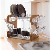 Relaxdays afdruiprek met lekbak - bestekmand - 2 laags - 35 x 51 x 26,5 cm - bamboe