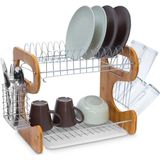 Relaxdays afdruiprek met lekbak - bestekmand - 2 laags - 35 x 51 x 26,5 cm - bamboe