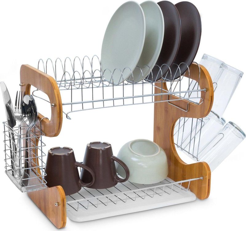 Relaxdays afdruiprek met lekbak - bestekmand - 2 laags - 35 x 51 x 26,5 cm - bamboe