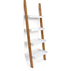 Relaxdays Ladderrek, trap bamboe, 4 planken, 144 x 56 x 34 cm, plank, badkamer, slaapkamer, wit/natuur