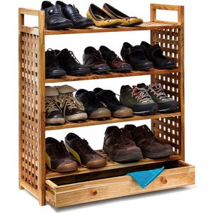 Relaxdays schoenenrek hout, 4 laags, voor ca. 12 paar schoenen, met lade, H x B x D: 81 x 70 x 27 cm, geolied, naturel