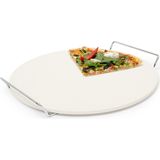 Pizzastein mit Halter, runde Steinplatte für Pizza & Flammkuchen, Grillstein aus Cordierit, 33 cm ø, beige - Relaxdays