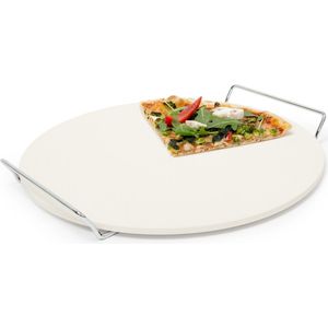 Relaxdays pizzasteen met metalen houder - rond - 33cm - pizzaplaat - cordieriet - baksteen
