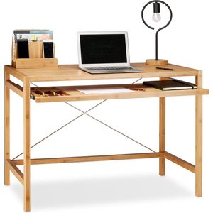 Relaxdays Computertafel van hout, toetsenbordlade, uittrekbaar bureau, massief bureau, 76,5 x 106,5 x 55,5 cm, naturel