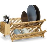 Relaxdays afdruiprek met bestekmand - 2 etages - bamboe - inklapbaar - 24 x 46 x 28 cm