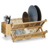 Relaxdays afdruiprek met bestekmand - 2 etages - bamboe - inklapbaar - 24 x 46 x 28 cm