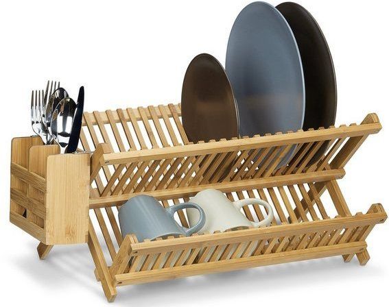 Relaxdays afdruiprek met bestekmand - 2 etages - bamboe - inklapbaar - 24 x 46 x 28 cm