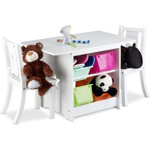 Relaxdays kindertafel en stoelen, ALBUS, 1 tafel en 2 stoelen, voor kinderen, voor jongens en meisjes, van hout, wit