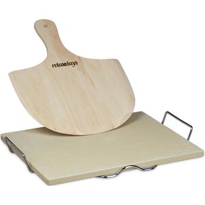 Relaxdays pizzasteen met pizzaschep - 1,5 cm - broodschep hout - pizzaspatel - pizzaplank