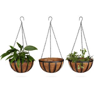 Relaxdays plantenhanger set van 3, met 3 houders, kokos, 21 liter, met ketting, diameter 30 cm, hanging basket, bruin