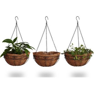 Relaxdays plantenhanger set van 3, kokos, 33 liter, bloempot hanger voor tuin, diameter 35 cm, hanging basket, bruin