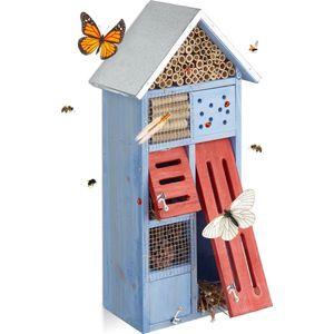 Relaxdays insectenhotel, ophangen, metalen dak, bijenhotel, vlinderhuis, nestkast, balkon, HBD: 48,5 x 24 x 14 cm, blauw