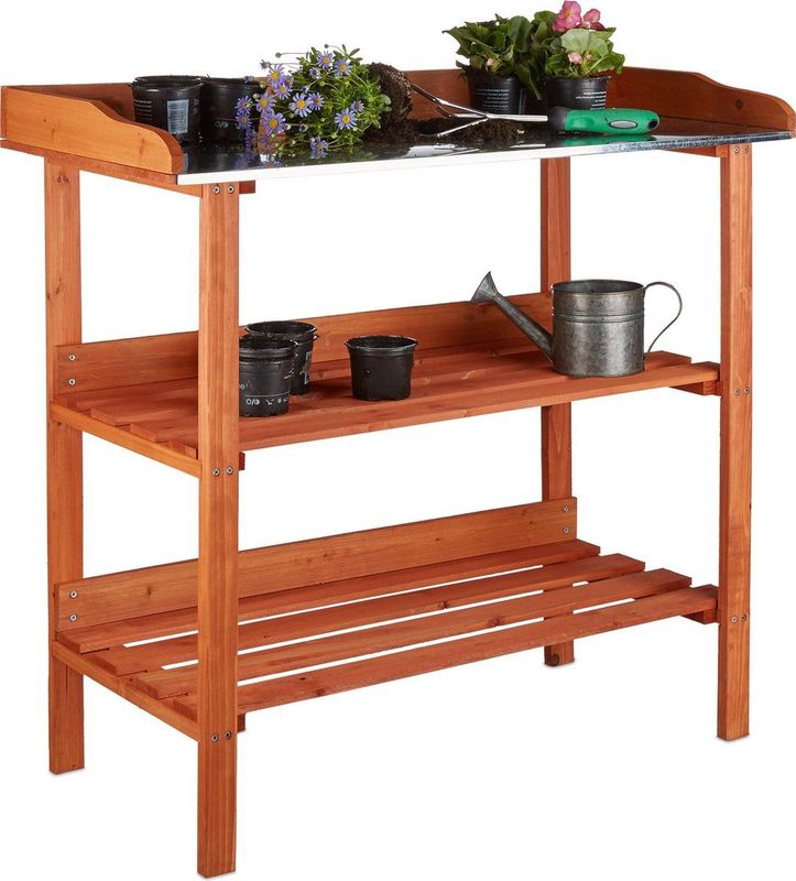Relaxdays Oppottafel met Metalen Plaat - Tuinwerktafel - Kweektafel - 3 Etages - Oranje