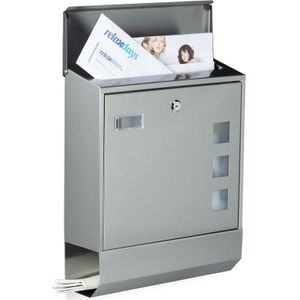 Relaxdays brievenbus rvs - wandbrievenbus met krantenrol - naambordje - wandmontage